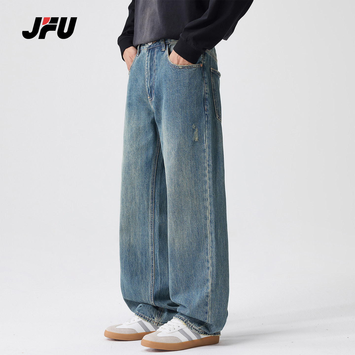 JFU潮牌复古重磅破洞牛仔裤男图片