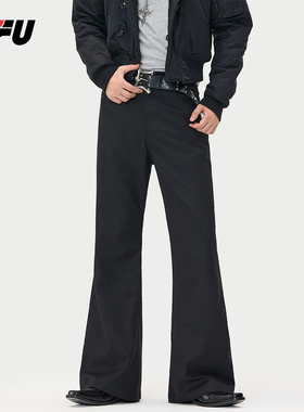 JFU潮牌 秋季新款黑色微喇休闲裤男款修身显瘦直筒垂感拖地长裤子
