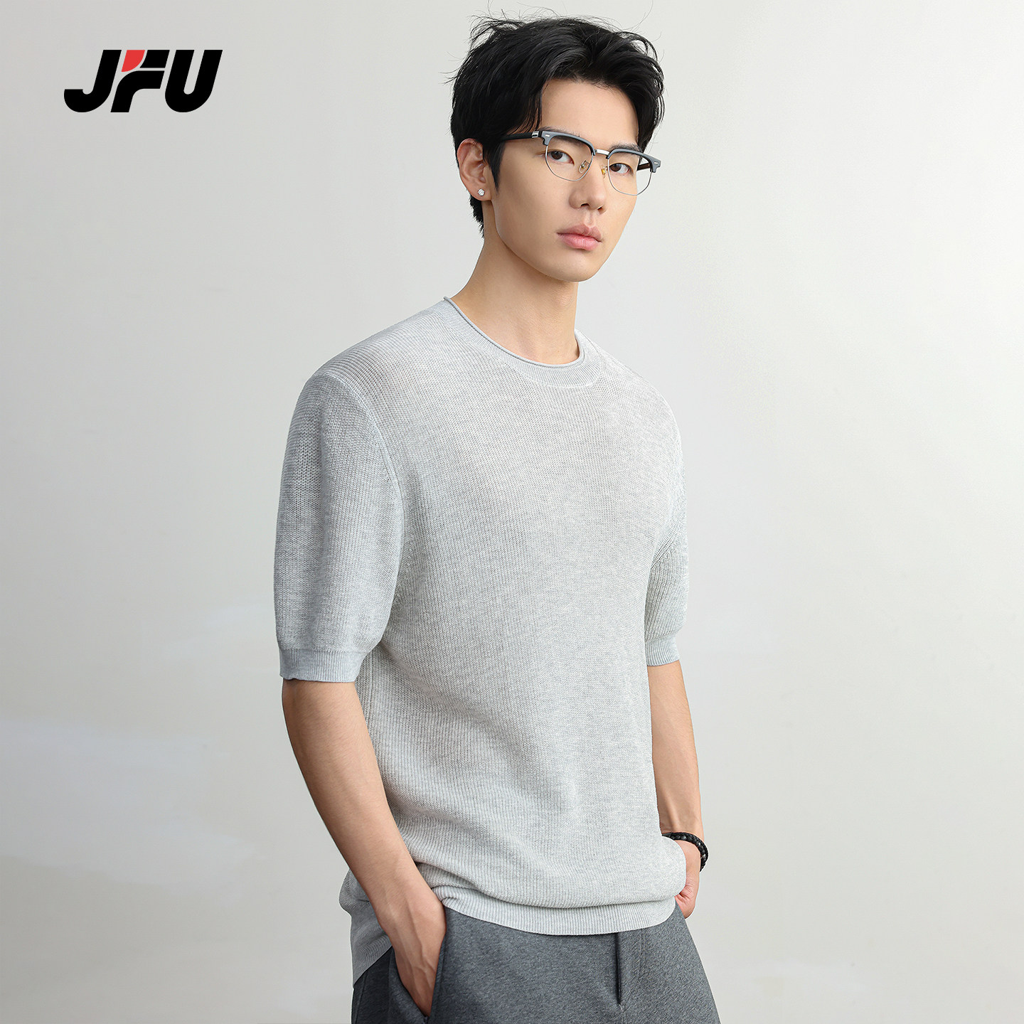 JFU潮牌 春季新款肌理感休闲短袖针织衫男圆领宽松薄款半袖上衣