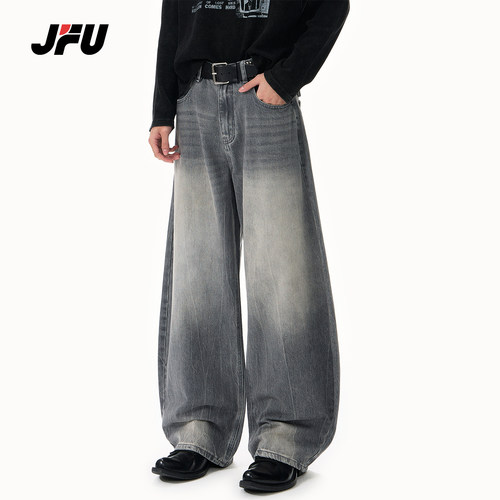 JFU潮牌美式复古做旧牛仔裤男