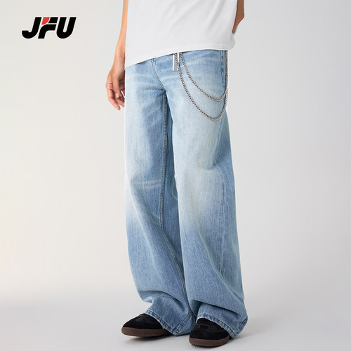 JFU潮牌复古做旧阔腿牛仔裤男