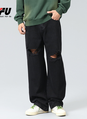 JFU 美式高街黑色破洞牛仔裤男生宽松直筒阔腿裤子男款百搭韩版潮