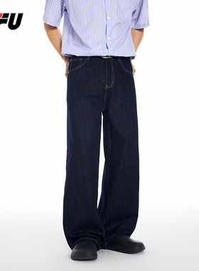 JFU夏季款冰丝莱赛尔美式复古高街阔腿牛仔裤男宽松直筒裤长裤子