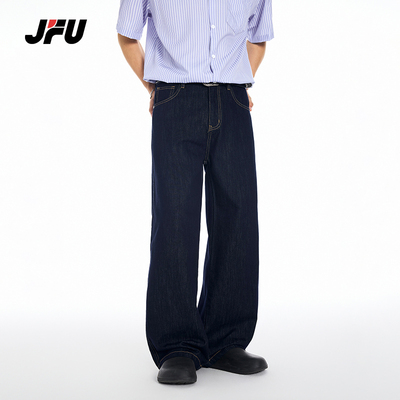 JFU夏季款冰丝莱赛尔美式复古高街阔腿牛仔裤男宽松直筒裤长裤子