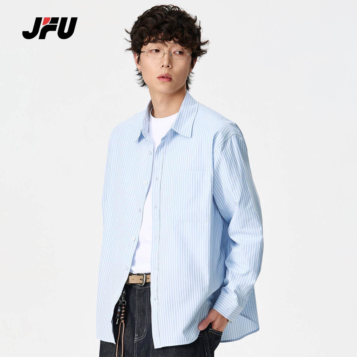 JFU潮牌 2026春季美式复古条纹长袖衬衫男翻领宽松时尚休闲衬衣