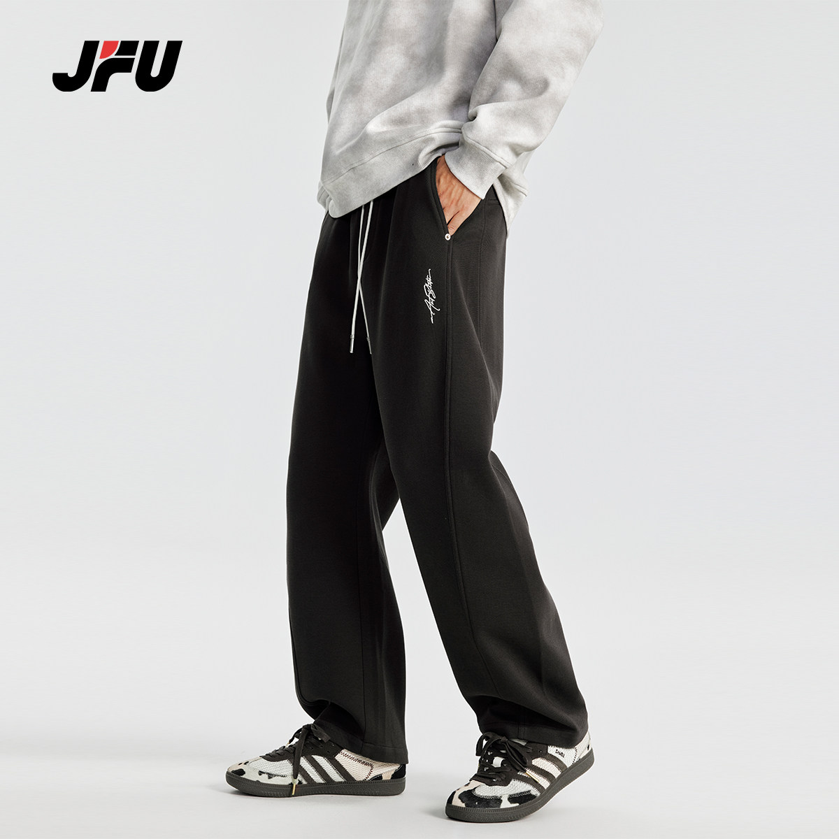 JFU美式秋冬休闲裤男宽松复古直筒运动长裤松紧腰针织阔腿卫裤