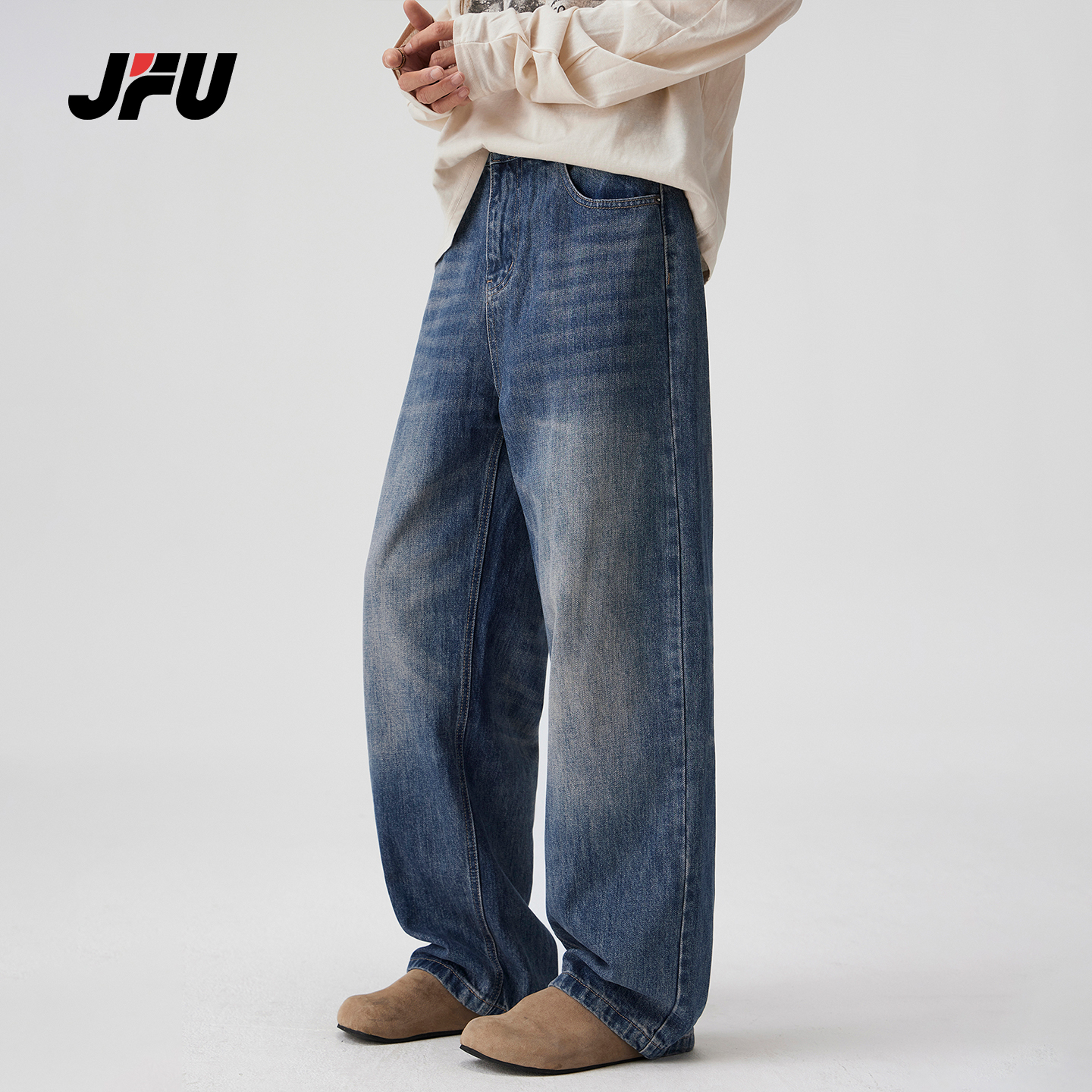 JFU潮牌美式复古阔腿牛仔裤