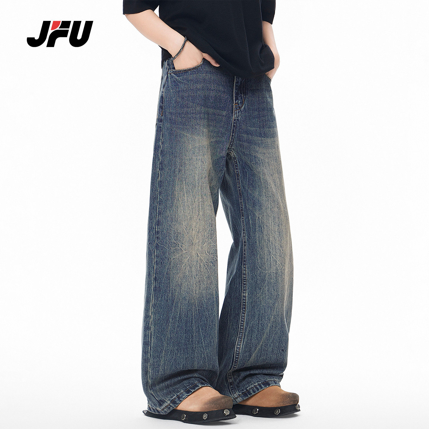 JFU潮牌 春季美式复古做旧水洗牛仔裤男宽松直筒阔腿垂感休闲长裤