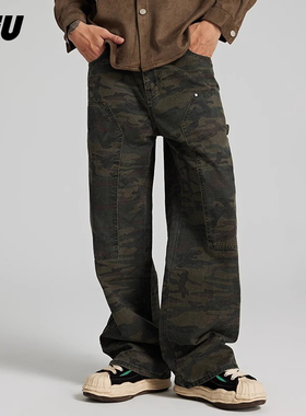 JFU 美式高街迷彩工装裤男款春秋款复古宽松直筒长裤牛仔裤男潮