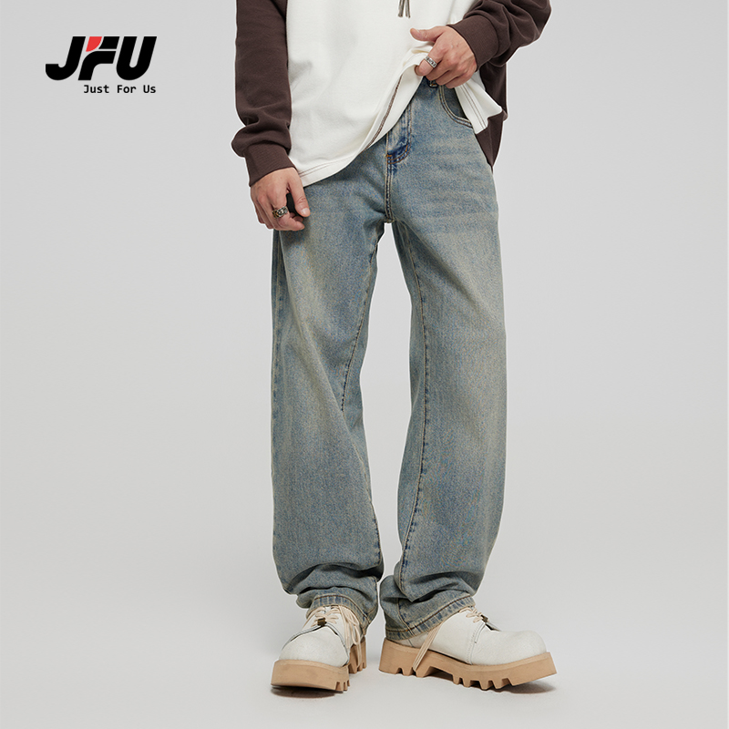 JFU 美式高街新款浅蓝色牛仔裤男宽松直筒潮牌复古阔腿长裤子男款