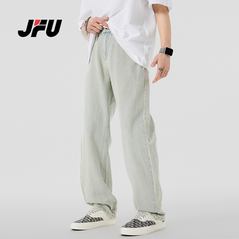 JFU 美式复古牛仔裤男款2024夏季薄款潮牌阔腿直筒休闲长裤子男