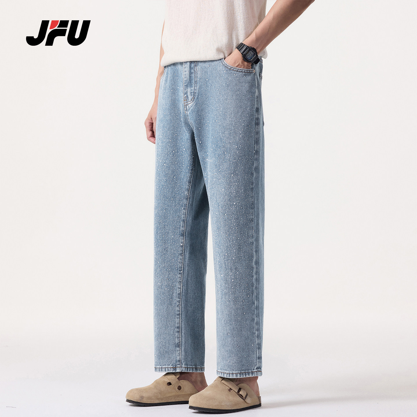 JFU潮牌满天星烫钻阔腿牛仔裤