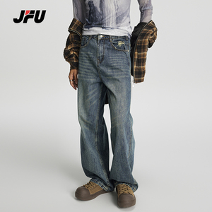 JFU春秋复古蓝牛仔裤美式潮牌男生宽松直筒拖地阔腿百搭休闲长裤