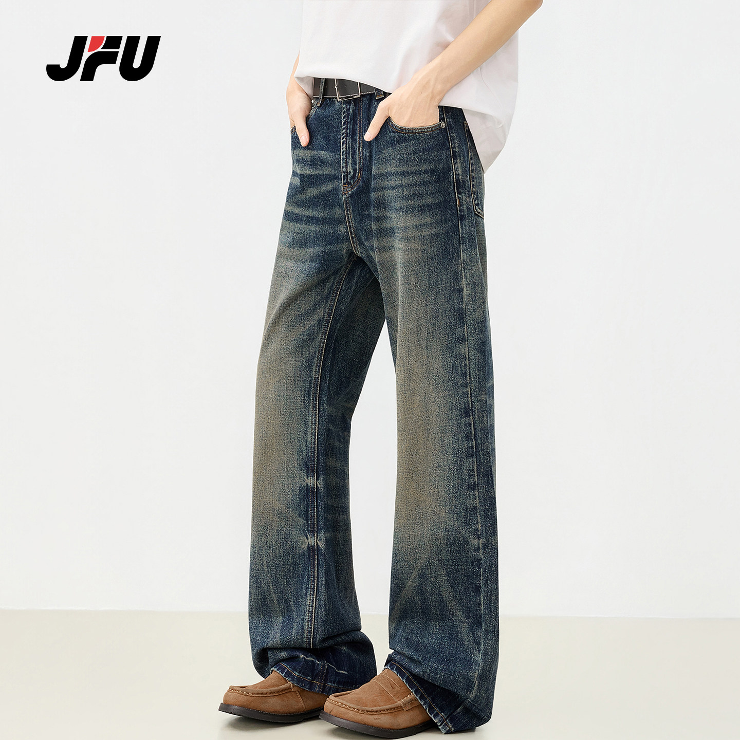 JFU潮牌 2026春季美式复古水洗做旧微喇牛仔裤男宽松直筒百搭裤