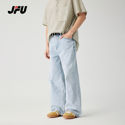 JFU夏季新款美式水洗破洞牛仔裤