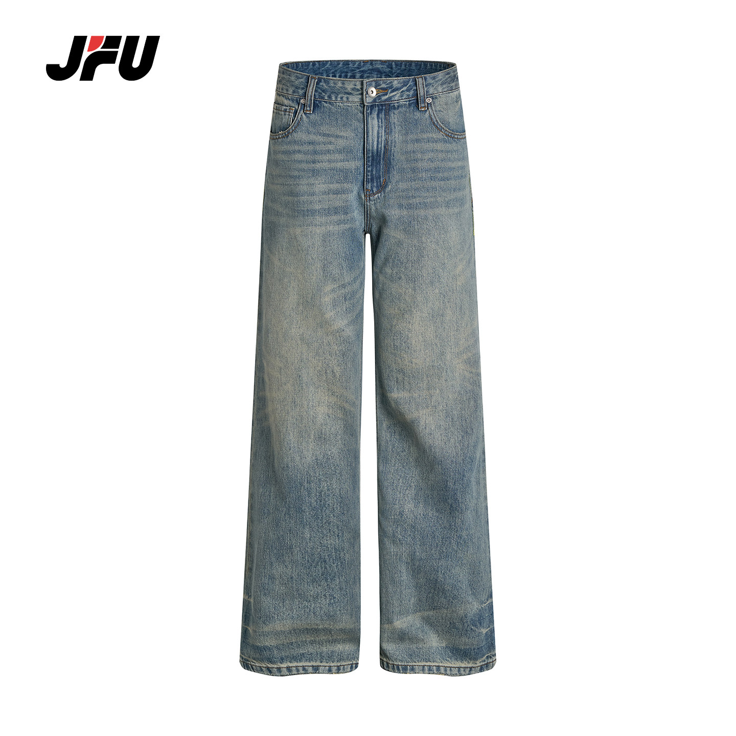 JFU潮牌 秋冬季美式复古水洗做旧直筒牛仔裤男休闲宽松阔腿长裤子
