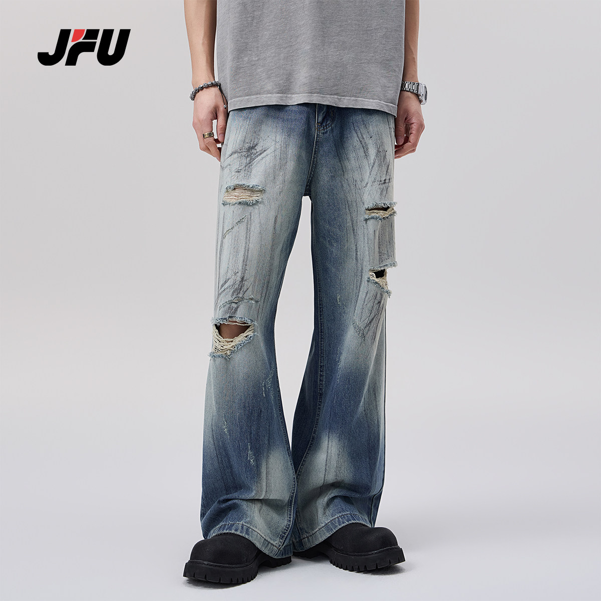JFU2025春款复古水洗做旧破洞牛仔裤男潮牌宽松直筒阔腿拖地长裤