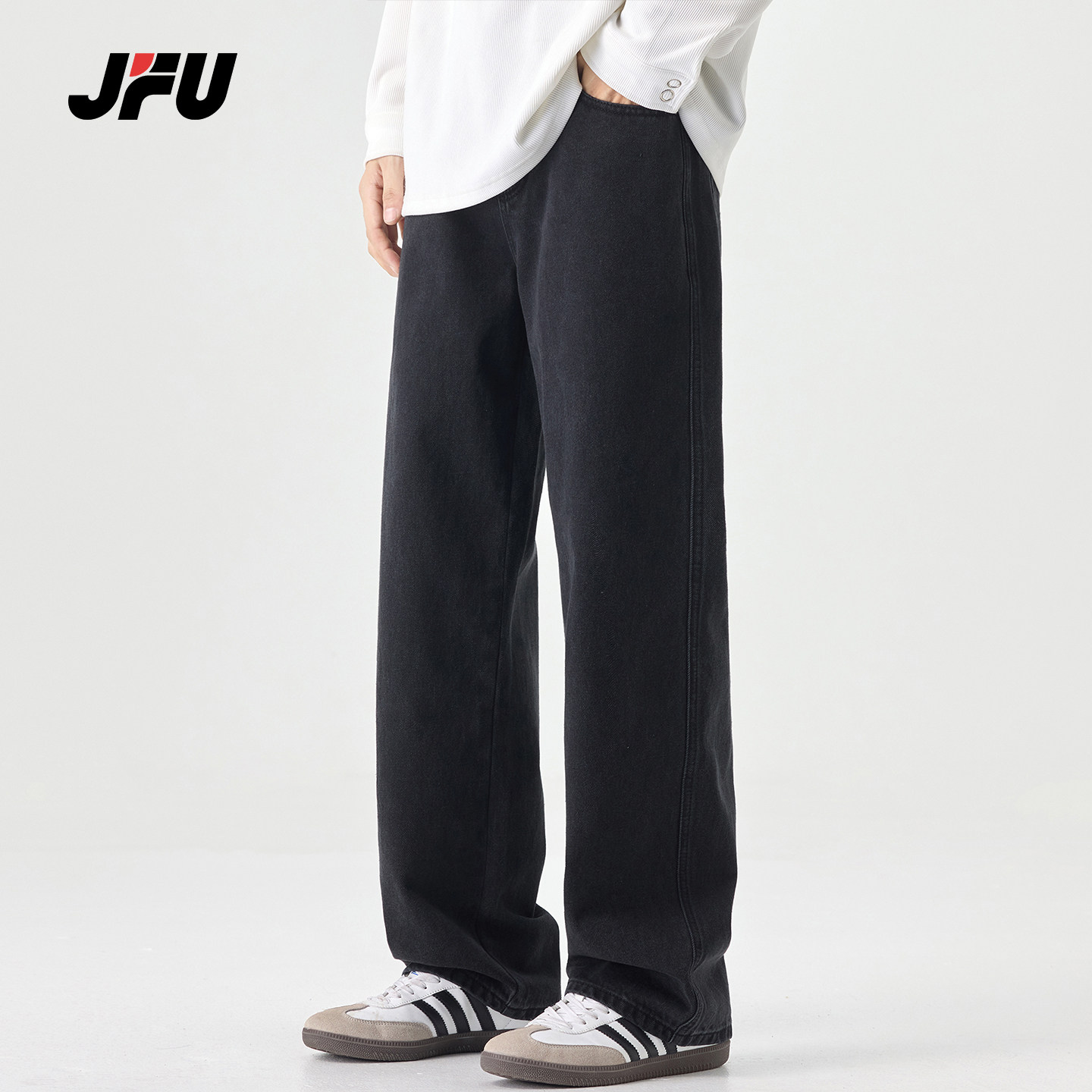 JFU潮牌 秋冬季美式复古水洗牛仔裤男宽松直筒阔腿黑色垂感长裤