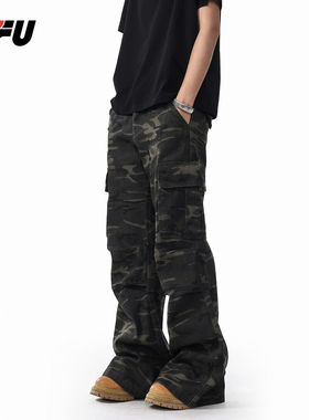 JFU秋冬新款美式复古迷彩阔腿工装裤男款宽松直筒拖地休闲长裤