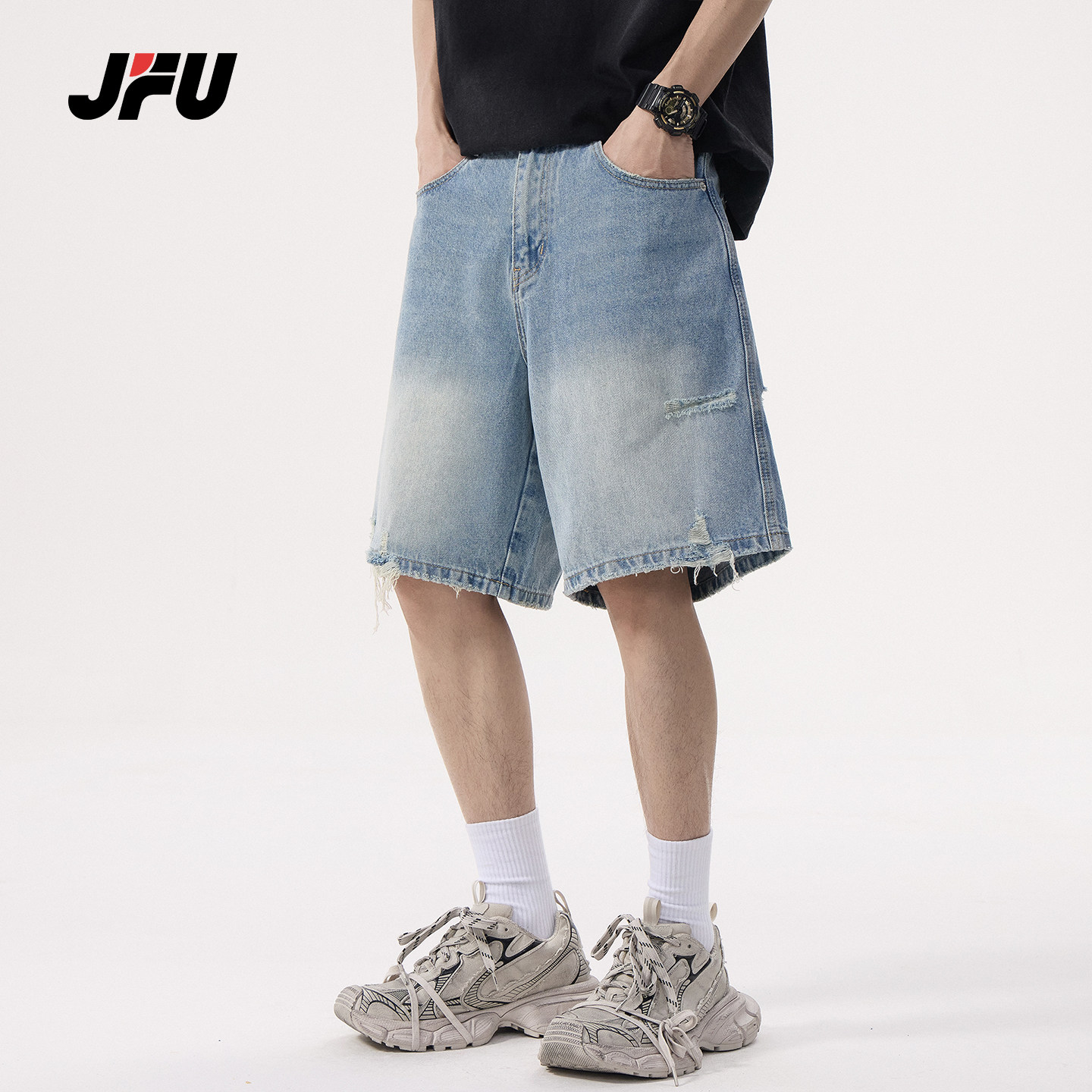JFU潮牌复古水洗磨破牛仔短裤