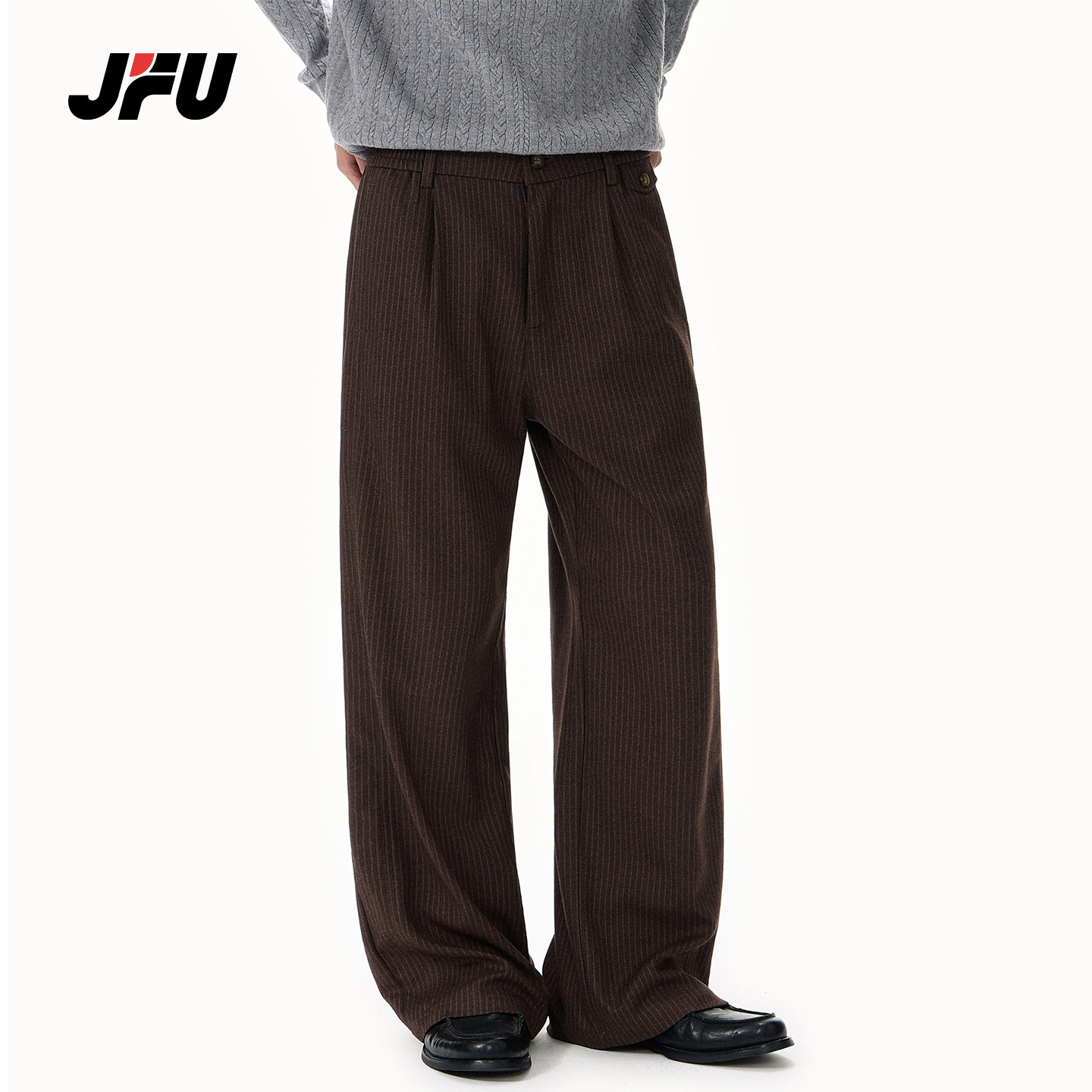 JFU潮牌复古条纹阔腿西装裤男