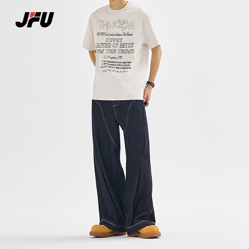 JFU夏季新款美式复古阔腿牛仔裤男款宽松直筒垂感拖地长裤子