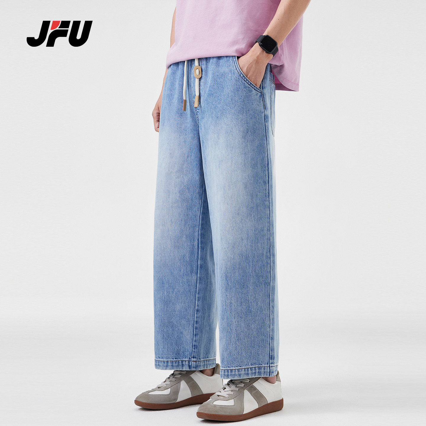 JFU潮牌 新款美式复古宽松阔腿九分牛仔裤男抽绳直筒垂感休闲长裤