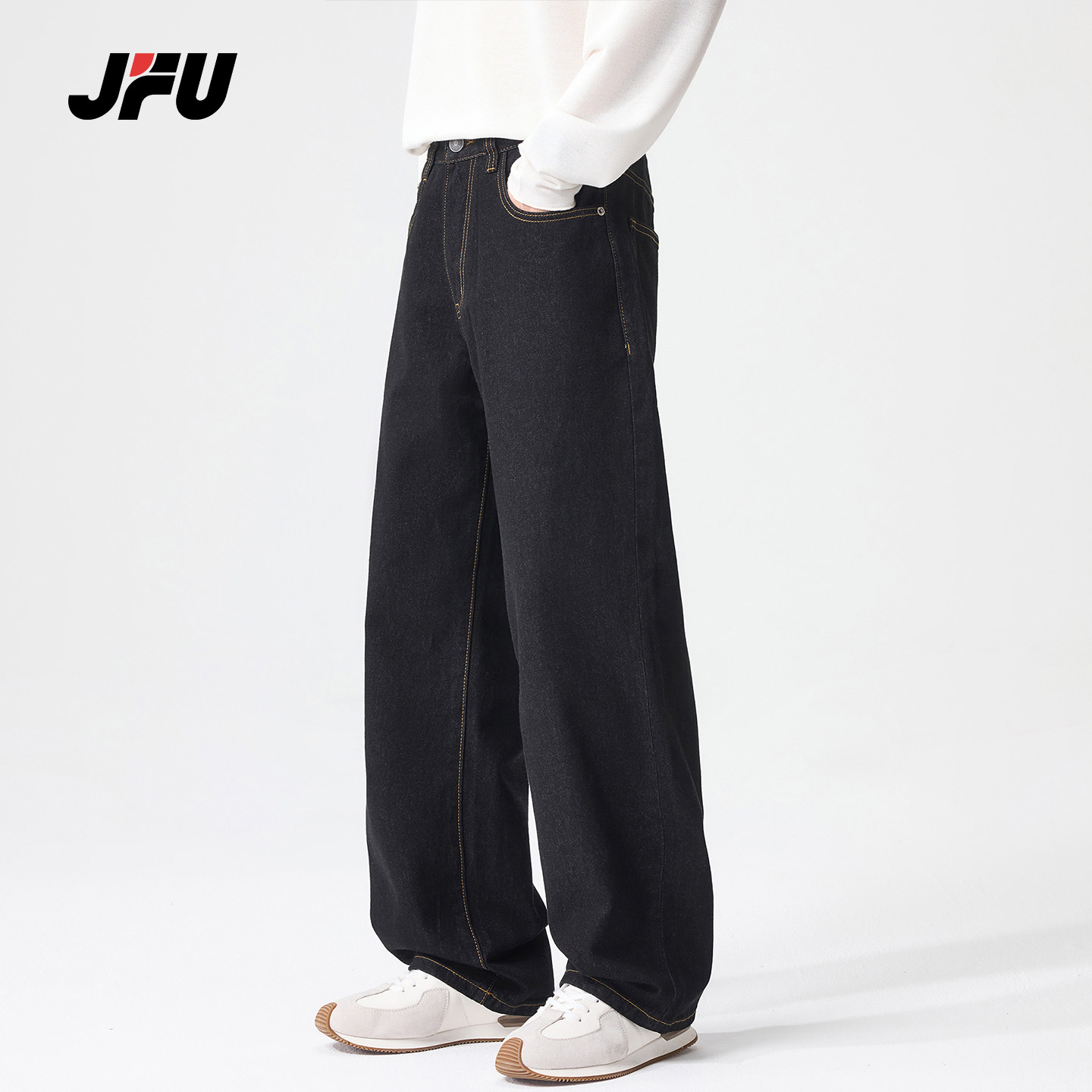 JFU潮牌复古水洗黑阔腿牛仔裤图片