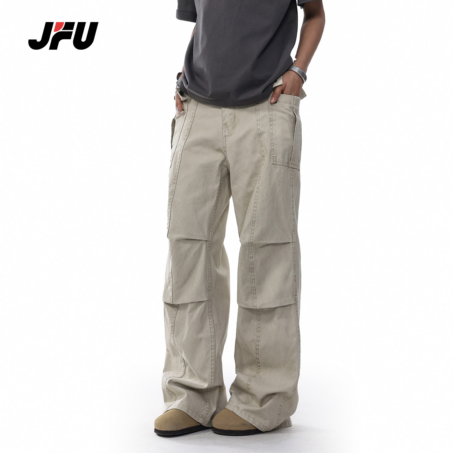 JFU夏季新款美式复古宽松工装伞兵裤男款百搭直筒褶皱休闲长裤子