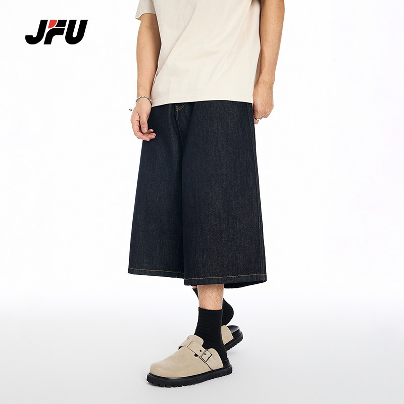 JFU夏季新款美式复古丹宁蓝七分牛仔裤男款宽松阔腿休闲长裤子图片