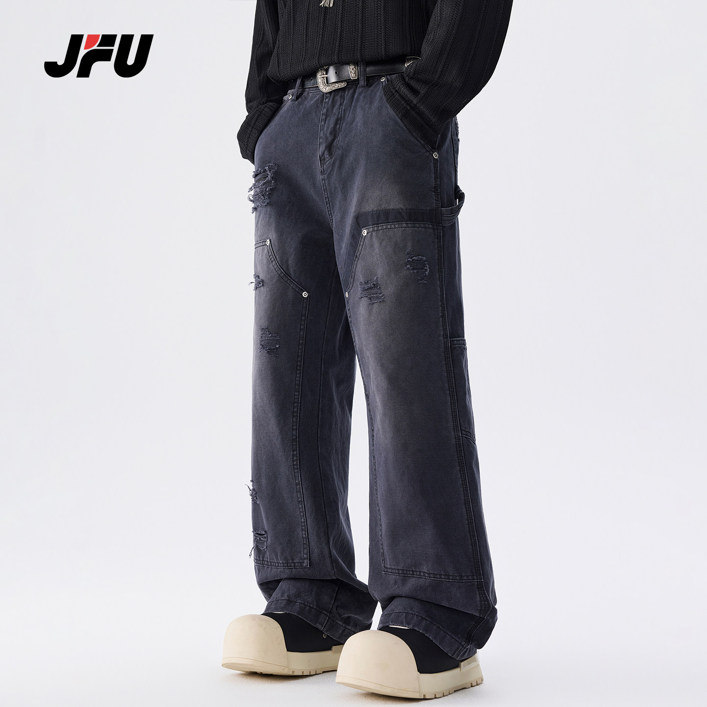 JFU潮牌美式破洞直筒休闲工装裤