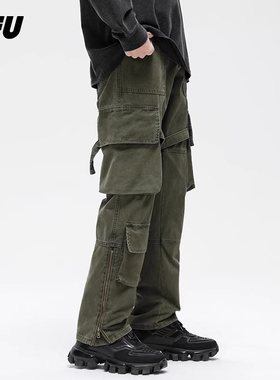 JFU春秋新款男生牛仔裤工装裤子高街美式多口袋街头复古百搭长裤