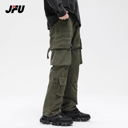 JFU春秋新款男生牛仔裤工装裤子高街美式多口袋街头复古百搭长裤