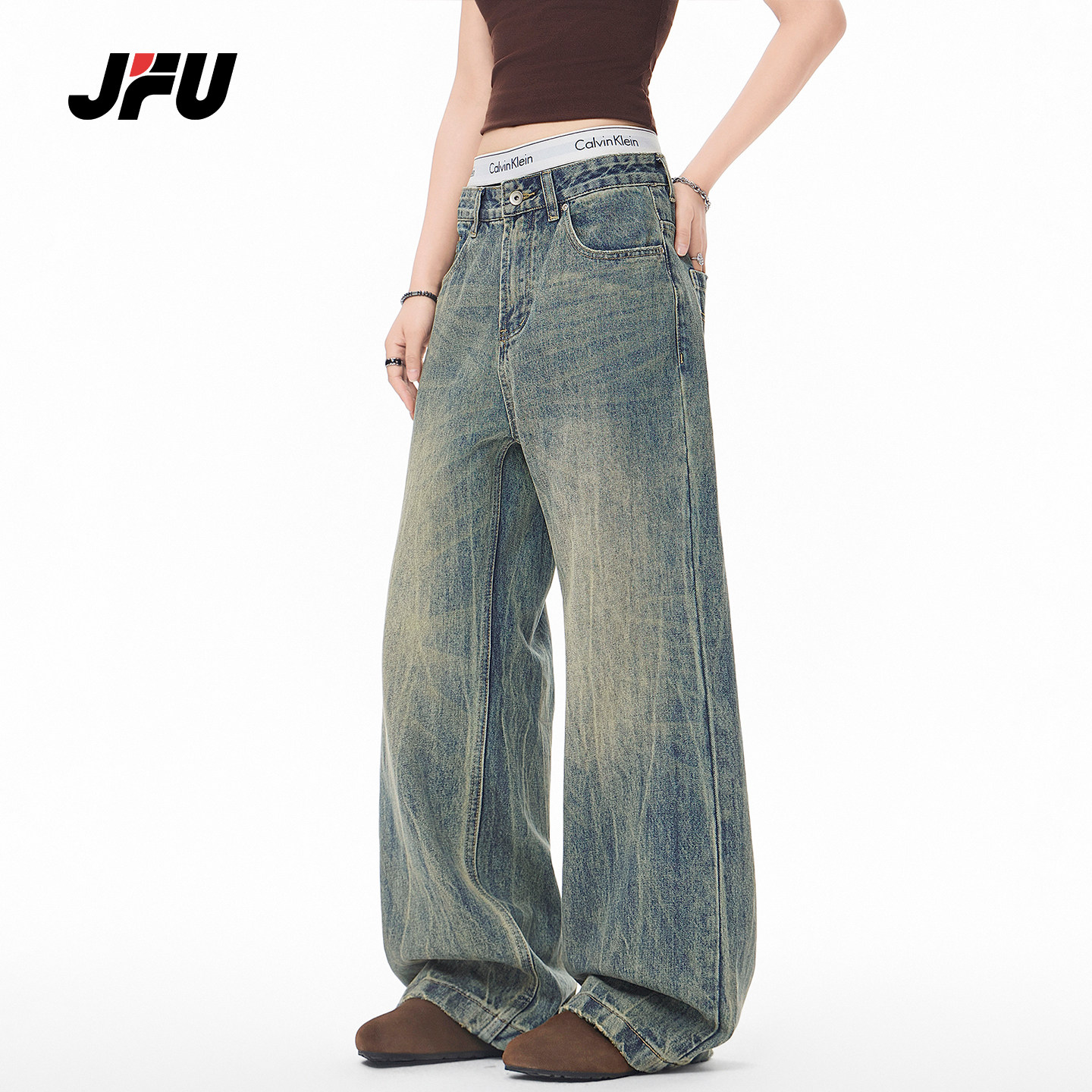 JFU潮牌 春季新款美式复古水洗做旧牛仔裤男宽松直筒阔腿休闲长裤