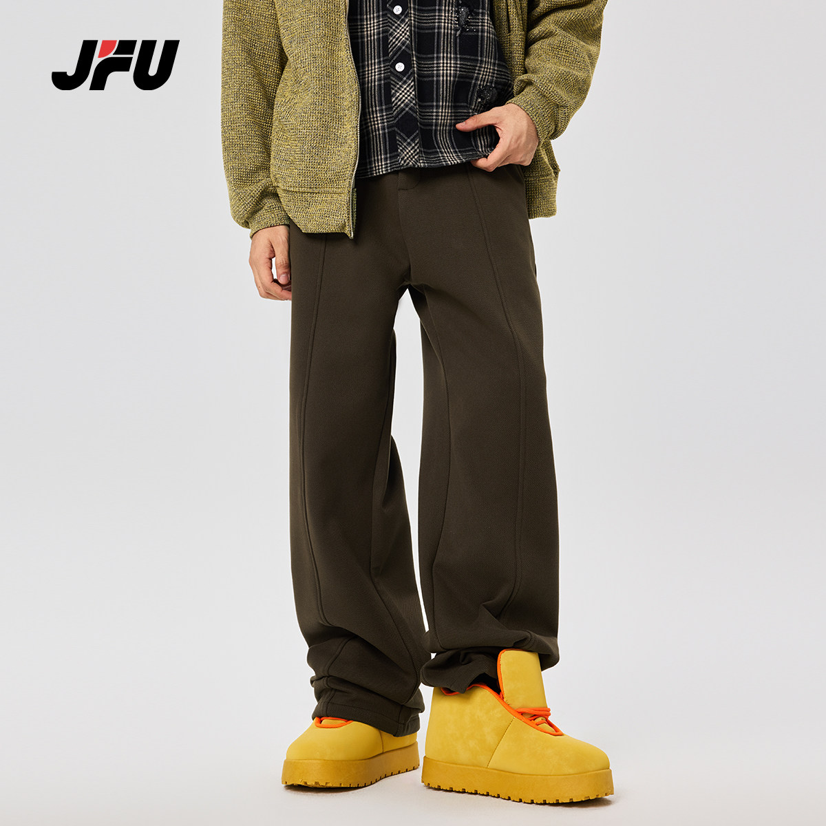 JFU美式加绒复古毛呢休闲西裤男秋冬2024加厚直筒阔腿垂感拖地裤