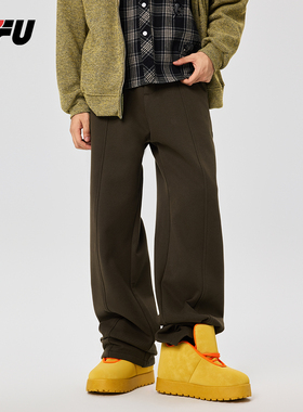 JFU美式加绒复古毛呢休闲西裤男秋冬2024加厚直筒阔腿垂感拖地裤