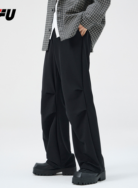 JFU2025春秋新款垂直西裤松紧带设计感伞兵阔腿裤休闲直筒长裤男