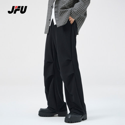 JFU夏季薄款新款垂直西裤松紧带设计感伞兵阔腿裤休闲直筒长裤男