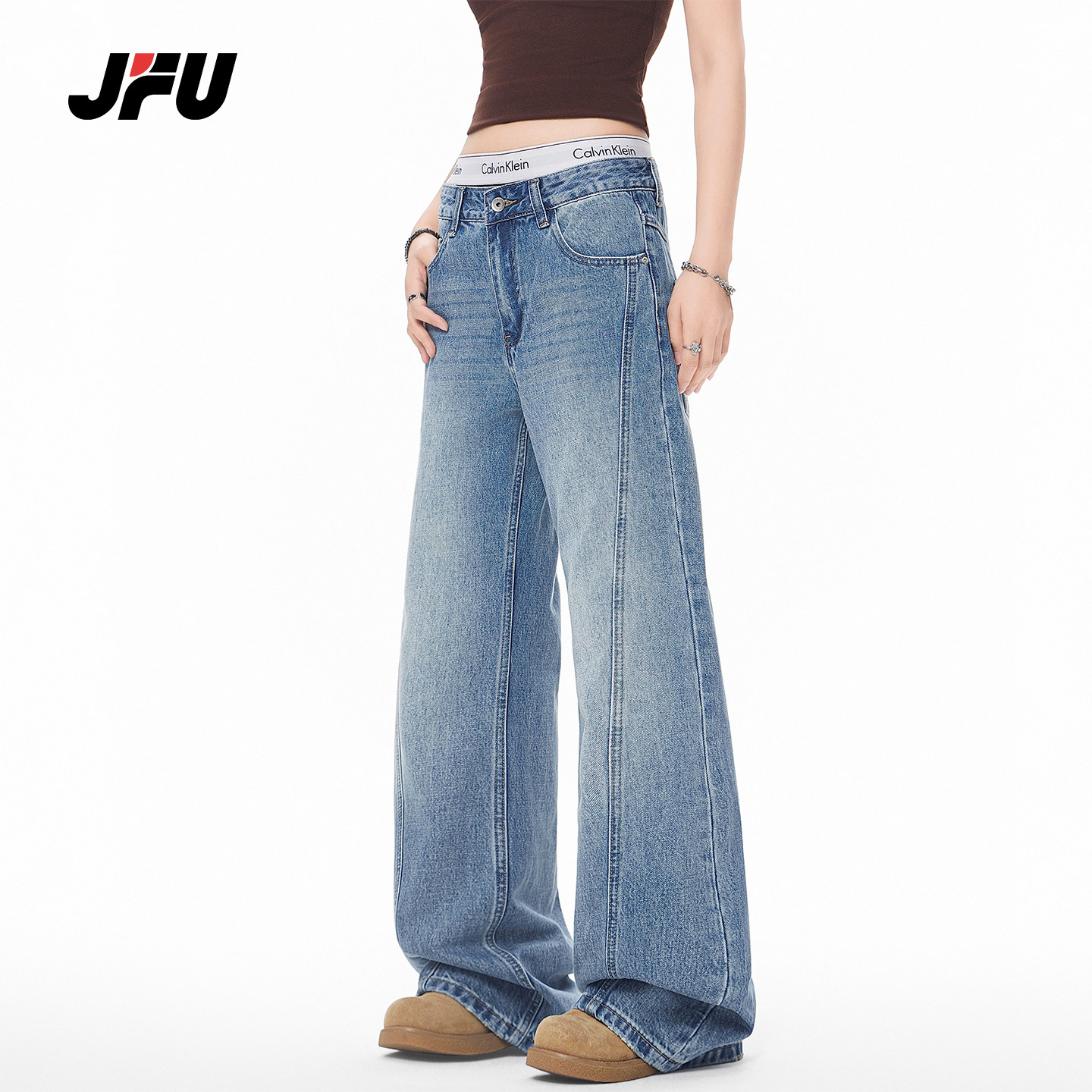 JFU潮牌 春季美式复古水洗阔腿牛仔裤男宽松直筒显瘦垂感休闲长裤