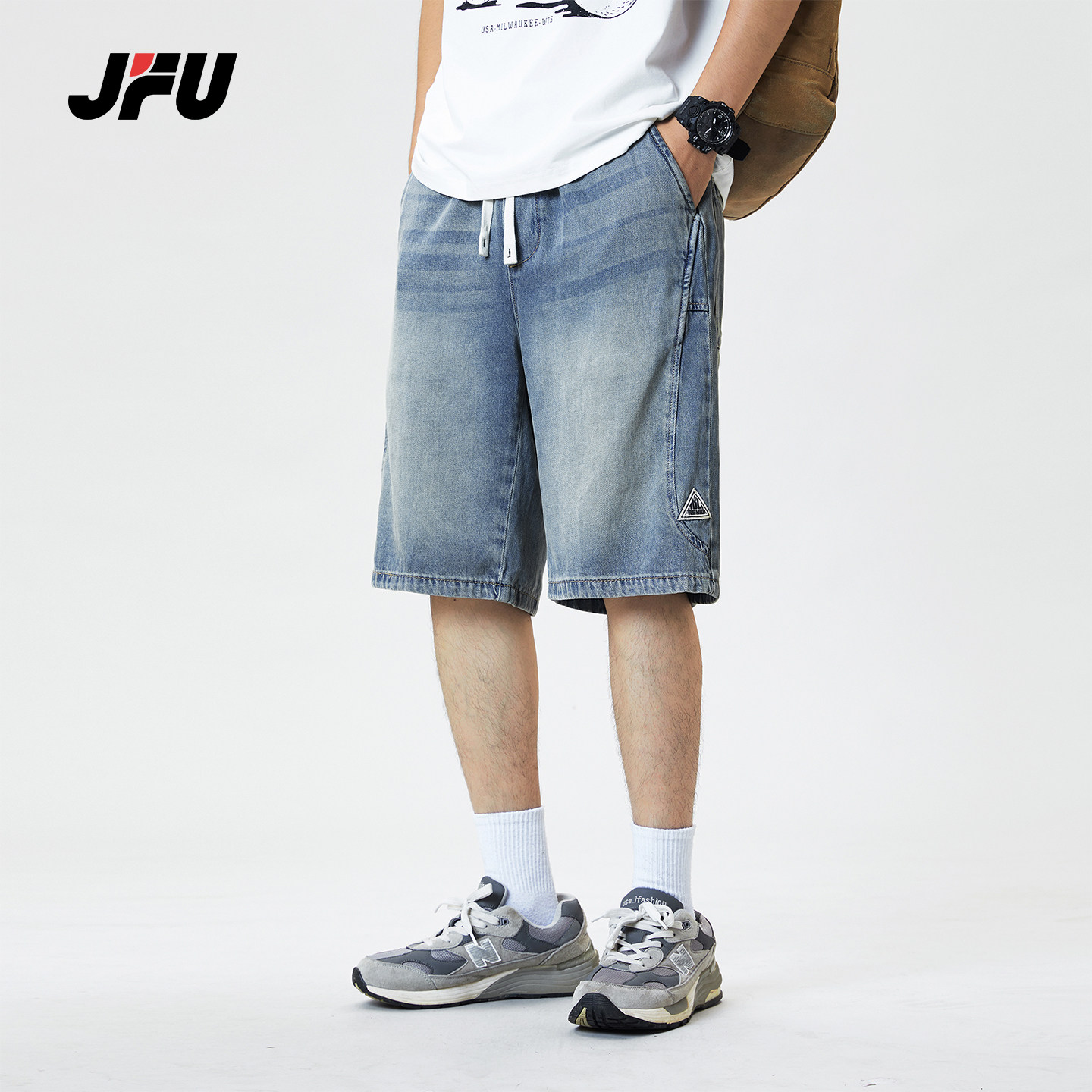 JFU夏季新款美式复古水洗休闲牛仔短裤男款宽松直筒阔腿五分裤子