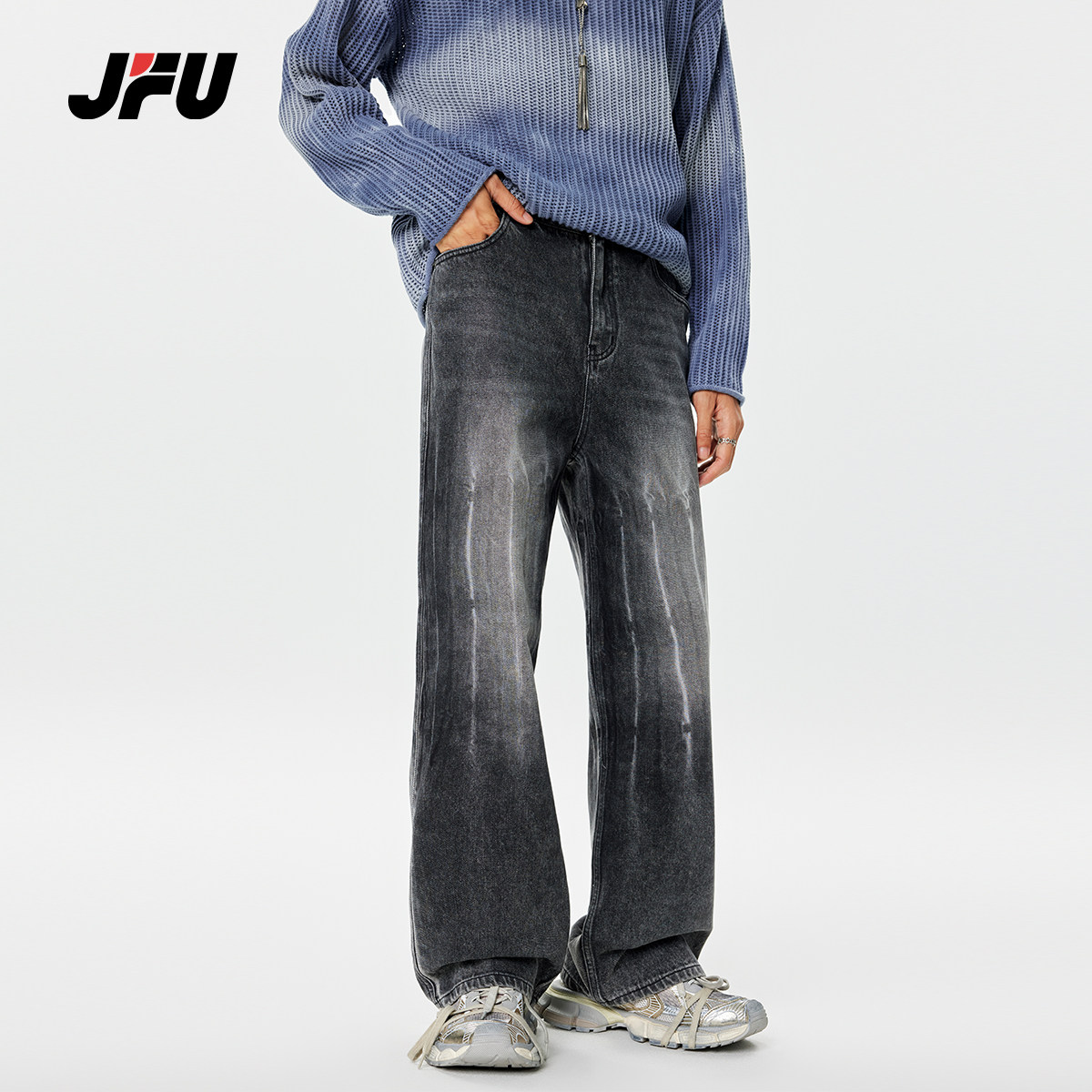 JFU秋季美式高街水洗牛仔裤男潮牌重磅高级感宽松阔腿垂感直筒裤
