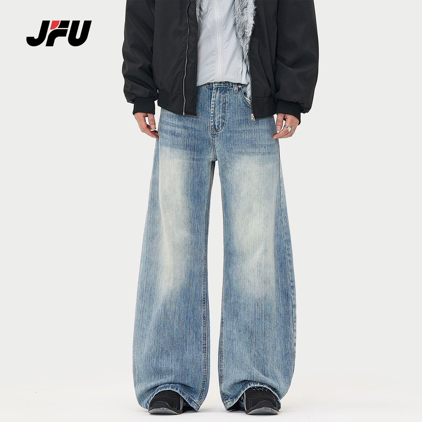 JFU潮牌 秋季美式复古水洗做旧弯刀牛仔裤男款宽松直筒阔腿长裤