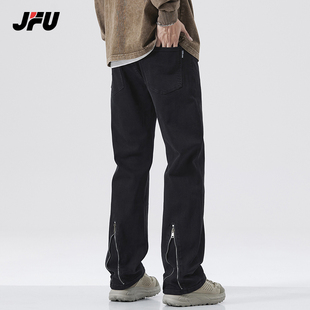 JFU 春夏薄款黑色微喇牛仔裤男2024新款美式阔腿直筒高街裤裤潮牌