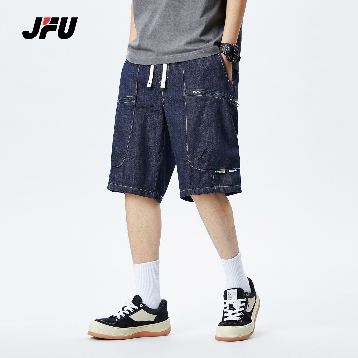 JFU夏季新款美式复古原色休闲牛仔短裤男款抽绳宽松直筒五分中裤