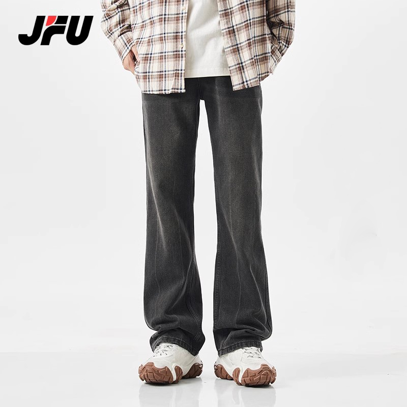 JFU 美式高街黑色牛仔裤男生微喇休闲宽松百搭秋冬潮牌长裤子