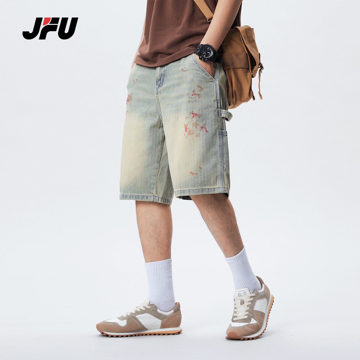 JFU夏季新款美式复古水洗休闲牛仔短裤男款宽松直筒阔腿五分裤子