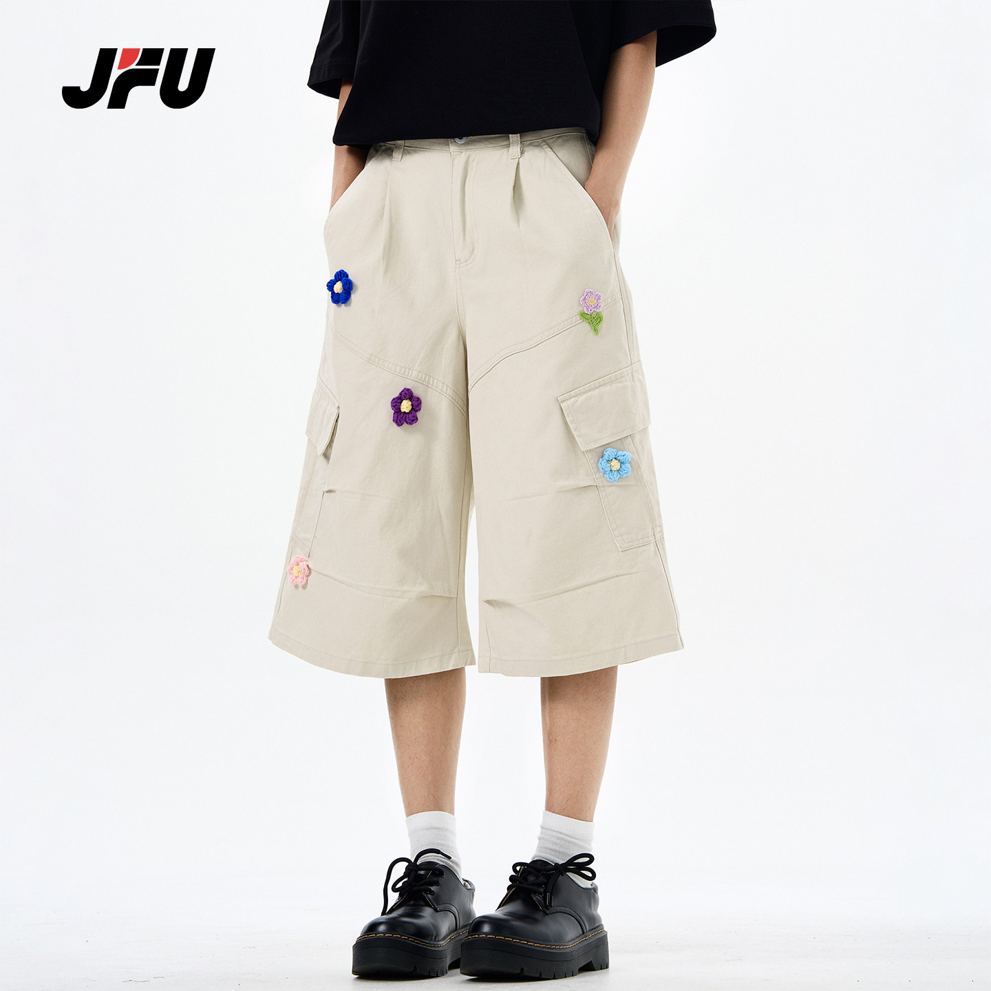 JFU潮牌工装刺绣七分裤男宽松