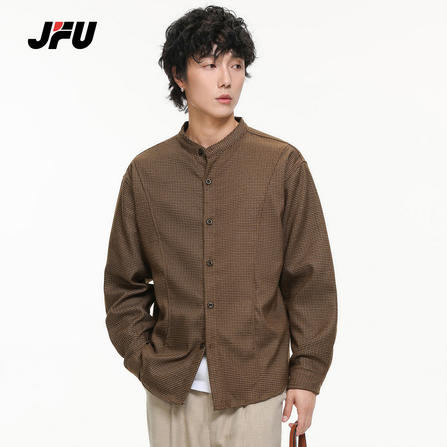 JFU潮牌老钱风格纹半立领衬衫