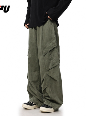 JFU秋冬美式复古解构设计感工装裤男女宽松休闲褶皱直筒垂感裤子