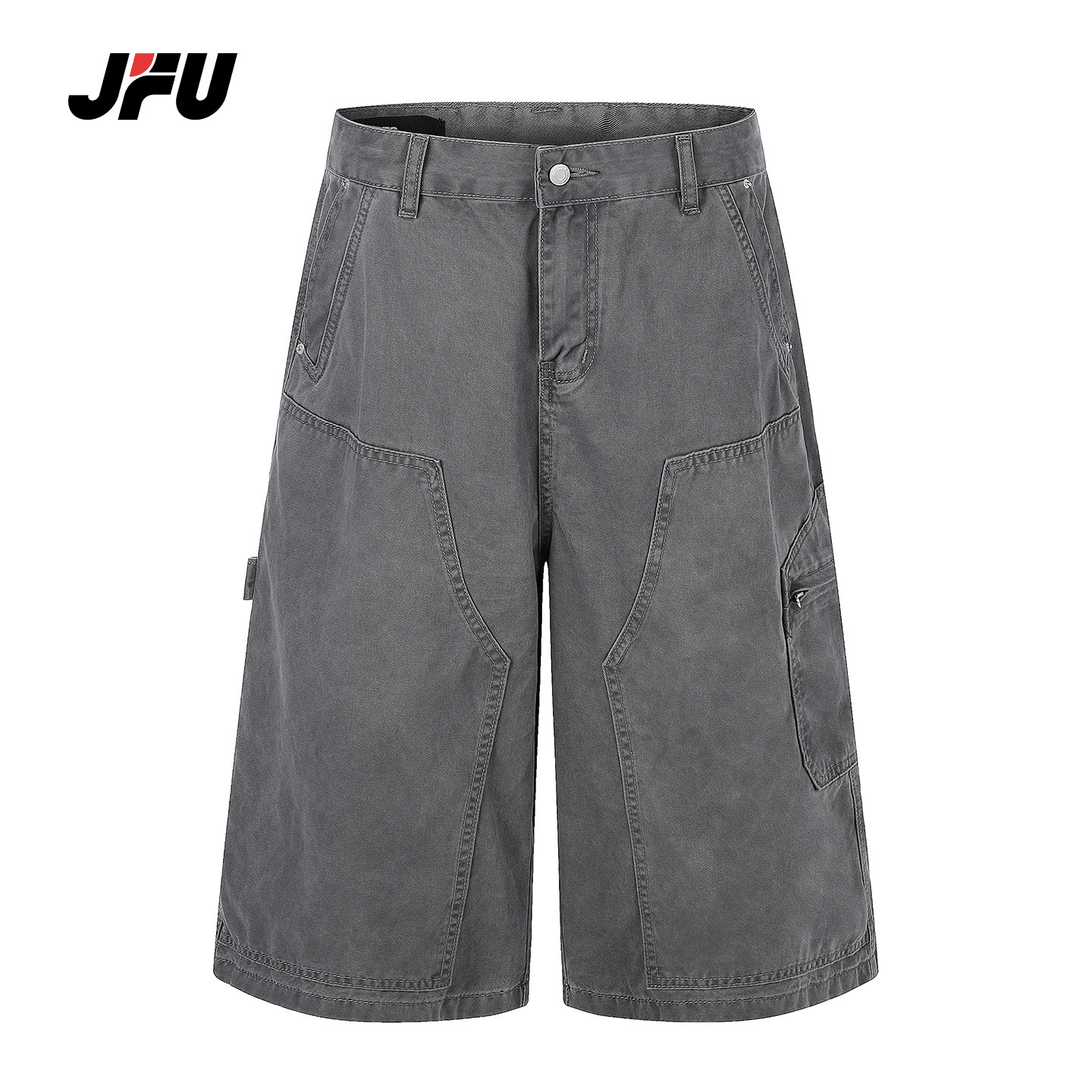 JFU潮牌 夏季美式复古工装牛仔短裤男宽松直筒多口袋休闲七分裤